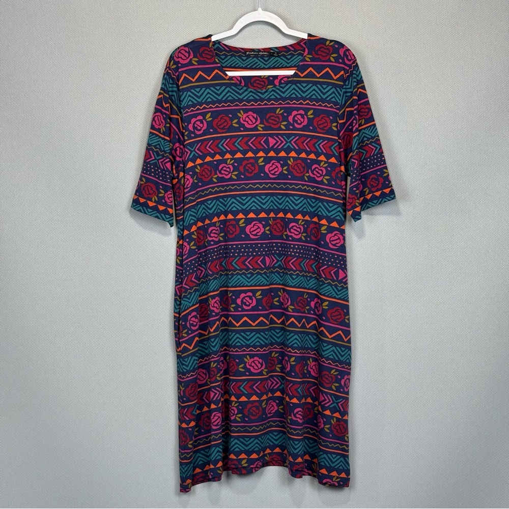 Gudron Sjoden Dress Large Multicolor Geo Floral Short Sleeve Midi Organic Cotton